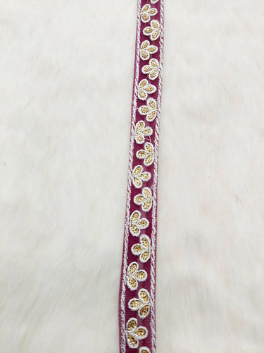 Wholesale Wine Red Net Lace Floral Embroidery & Glitter Gold Sequins, Indian Wedding Border, Gifting Ribbon Costume Trim Fashion Trimming